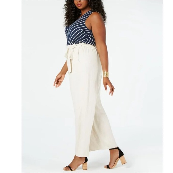 Monteau|Linen blend belted wide leg jumpsuit in Ivory & Stripes•Nautical Beachy - Picture 2 of 16